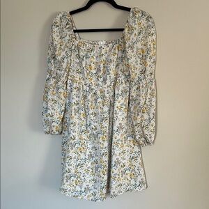 Exlura Floral Long Puff Sleeve Dress in White and Yellow